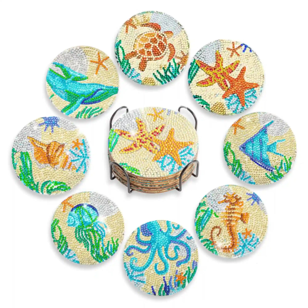 Diamond Painting Untersetzer Set mit Meerestiere-Motiven aus funkelnden Strasssteinen inklusive Halter