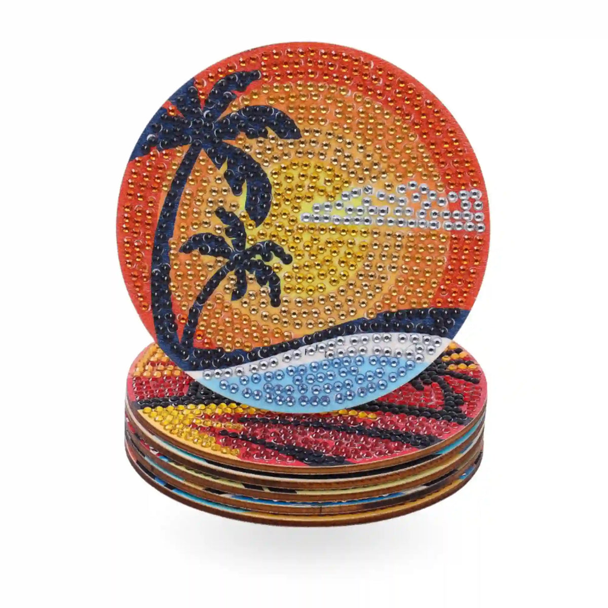 Diamond Painting Tassenuntersetzer Sunset-Love mit Palmen und Strand Motiv aus glitzernden Steinen