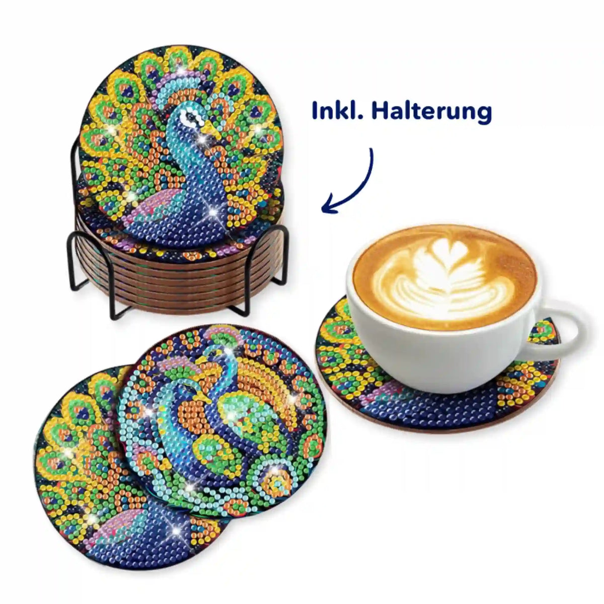 Diamond Painting Untersetzer Pfau mit bunten Glitzersteinen, inkl. Halterung für Tassen als kreatives DIY Deko-Accessoire