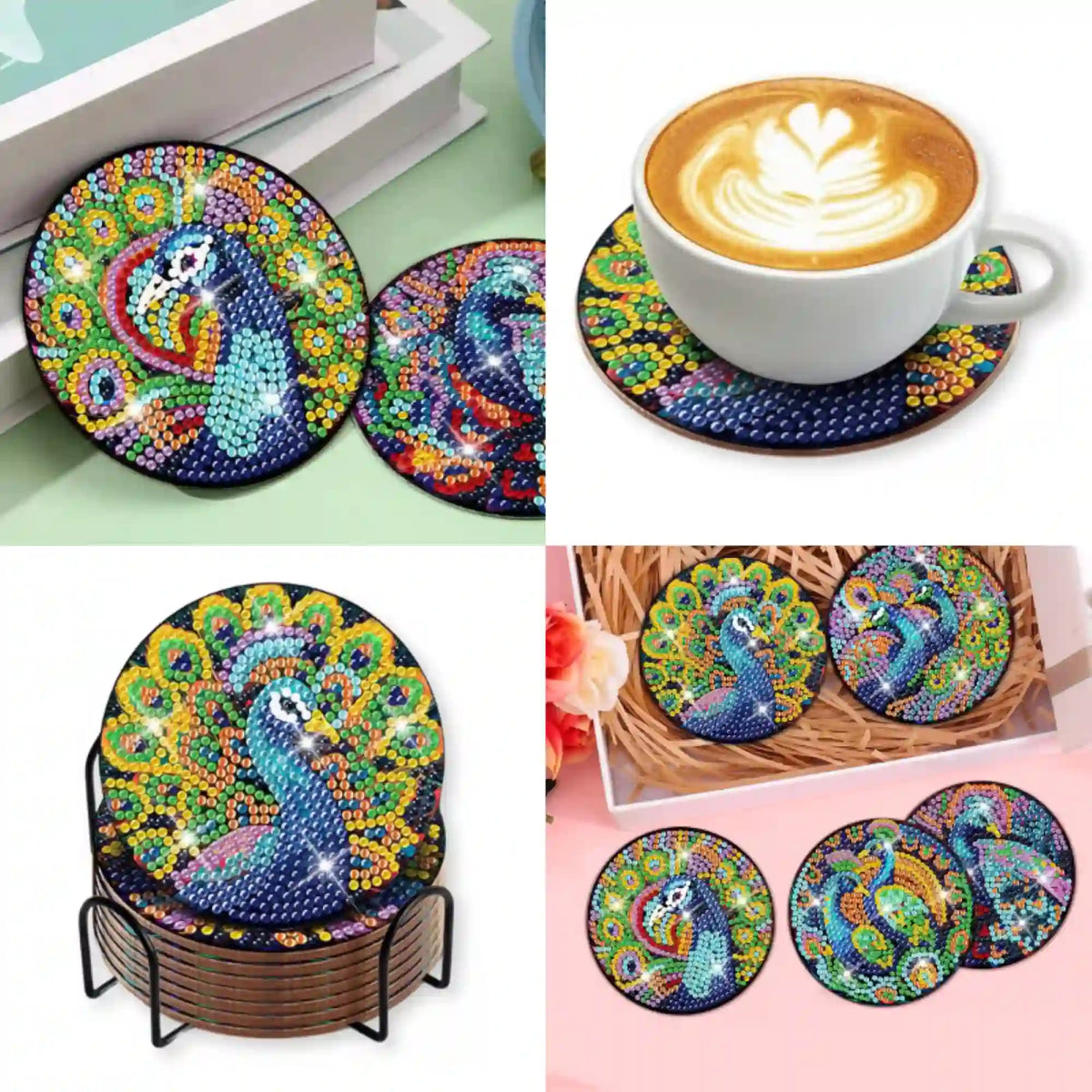 Diamond Painting Untersetzer Pfau mit bunten Glitzersteinen als DIY-Set für Tassen