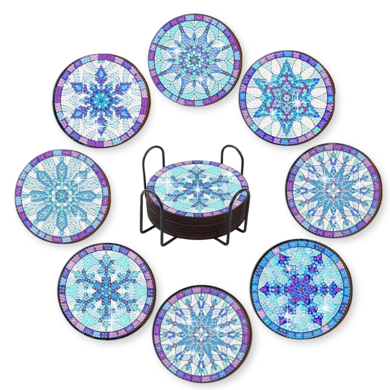 Diamond Painting Untersetzer mit Eiskristall-Motiv in Blau, inklusive Ständer und glitzernden Strass-Steinen