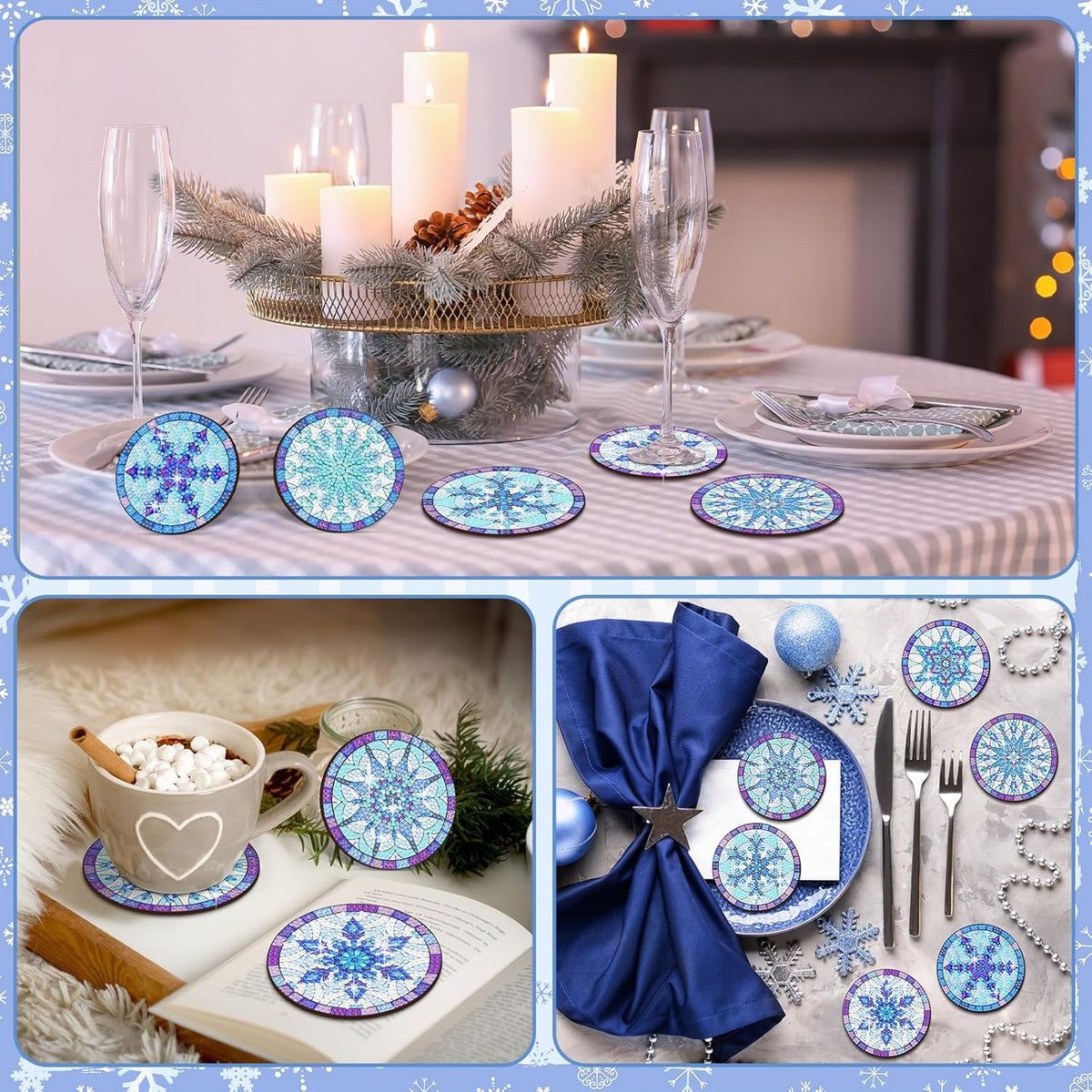 Diamond Painting Untersetzer Set mit blauem Eiskristall-Motiv und glitzernden Strasssteinen als Deko-Idee