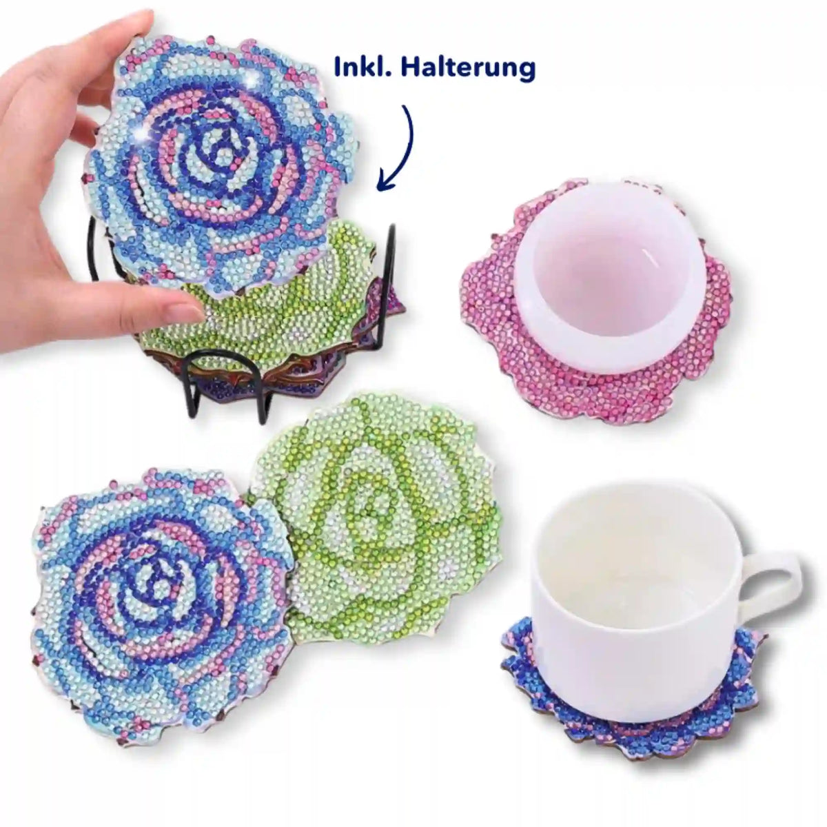 Diamond Painting Untersetzer mit Blumenmotiv, bunten Glitzersteinen und schwarzer Halterung zur Tischdekoration