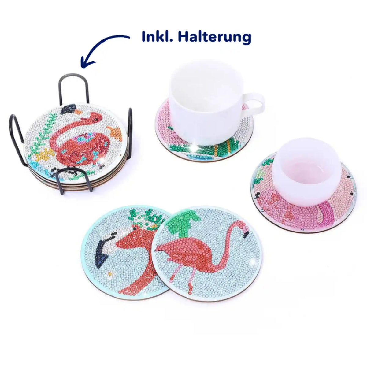 Diamond Painting Untersetzer Set mit Flamingo Motiv und metallischer Halterung für Tassen