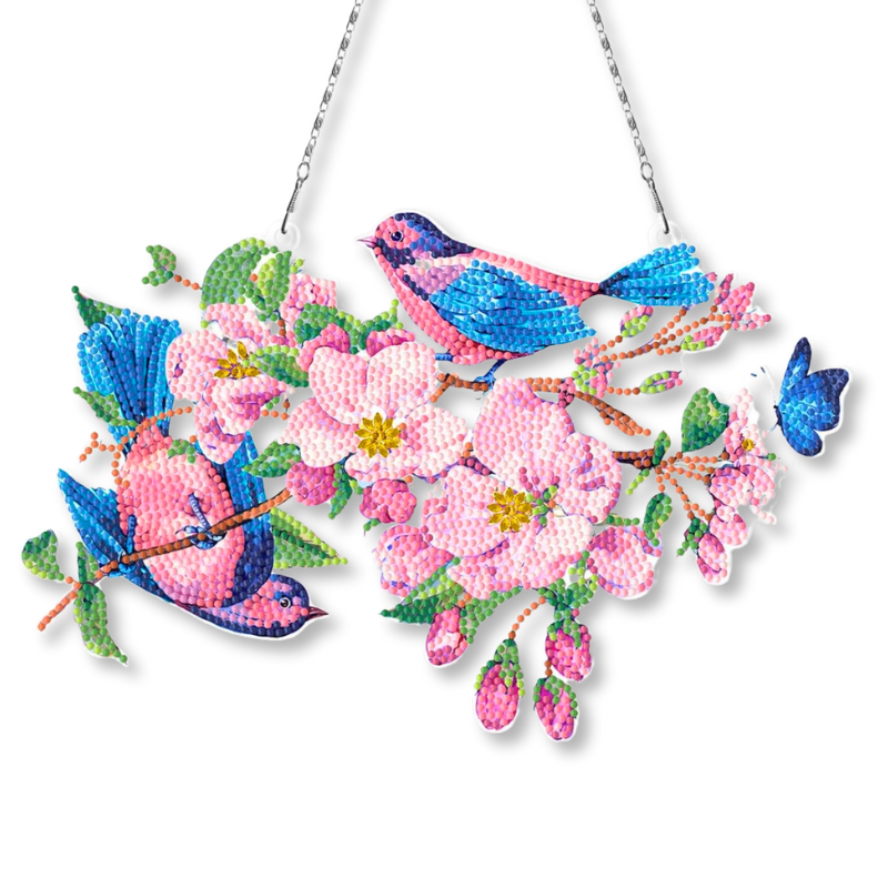 Diamond Painting XXL Aufhänger mit Vögeln und rosa Blumen als glitzernde Wanddekoration für DIY-Fans