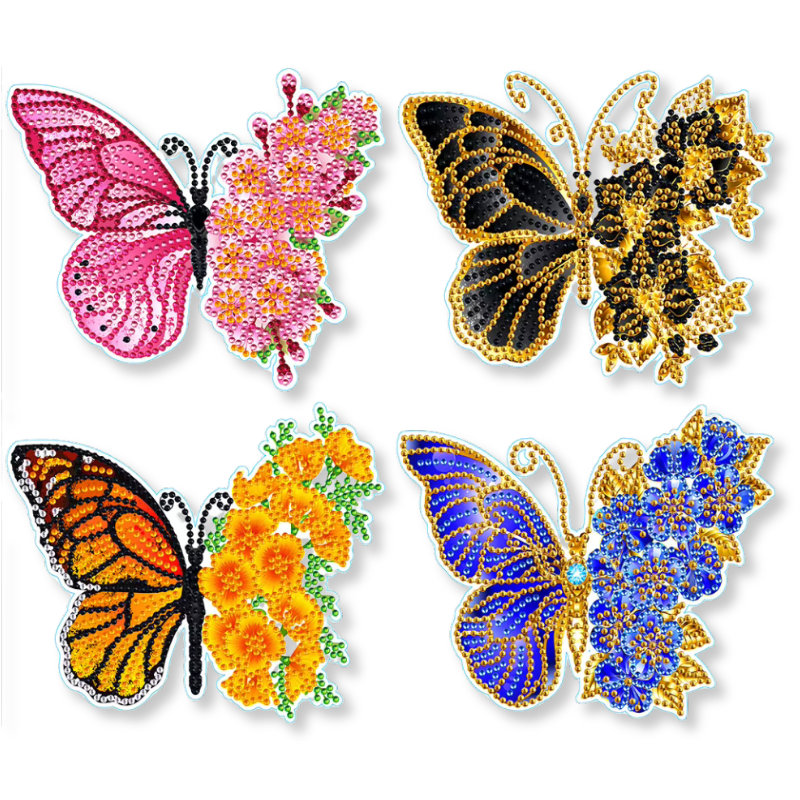 Diamond Painting Sticker Set mit bunten Schmetterlingen und floralen Mustern aus glänzenden Diamantsteinchen