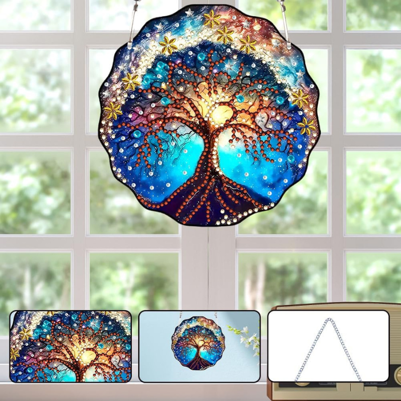 Runder Diamond Painting Aufhänger Mystic Tree mit funkelnden Steinen als bunte Fenster- und Wanddekoration