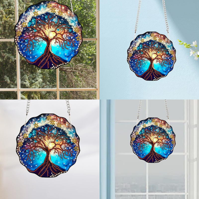 Runder Diamond Painting Aufhänger Mystic Tree mit buntem Baum-Motiv, Sternen und glitzernden Diamantsteinen als Wanddeko