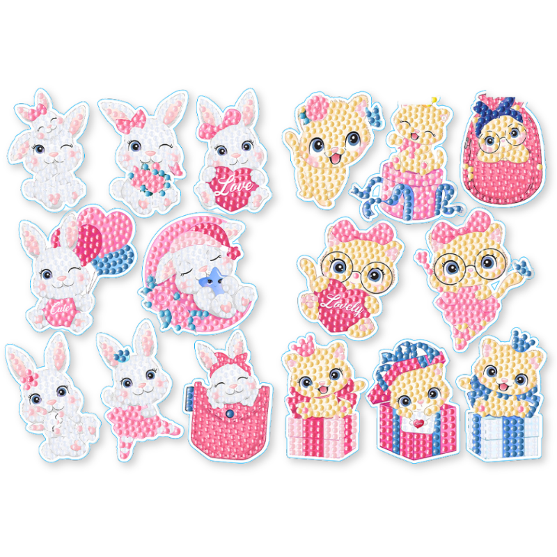 Diamond Painting Sticker Set mit niedlichen Hasen und Katzen Motiven, verziert mit bunten Glitzersteinen zum Basteln.