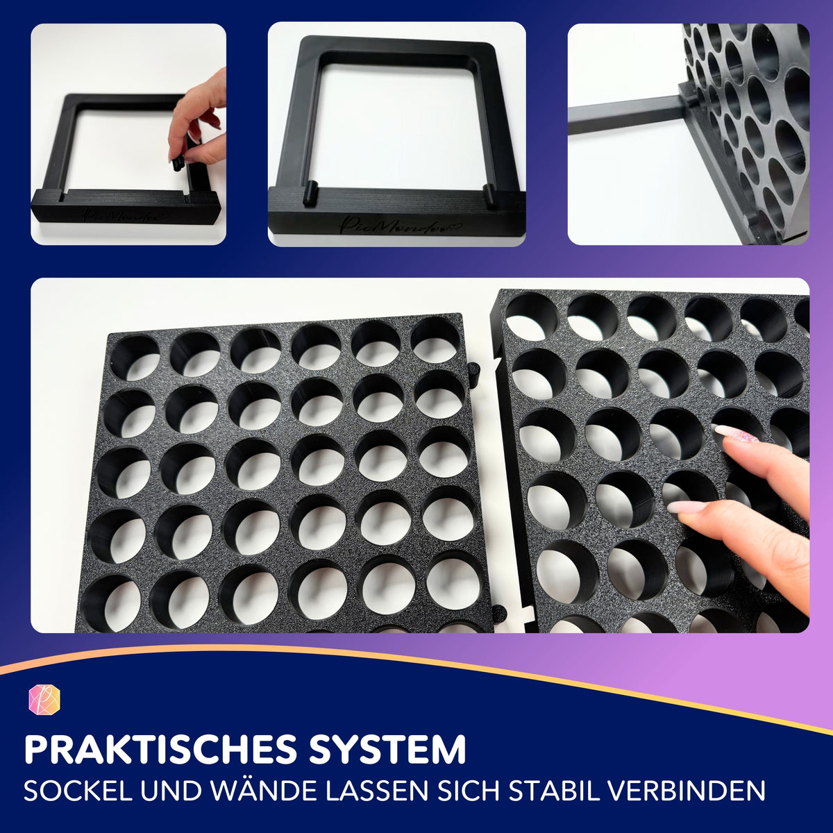 Schwarzer 3D-gedruckter Sockel und Döschenwand als praktisches Diamond Painting Zubehör zur Aufbewahrung von Steinchen.