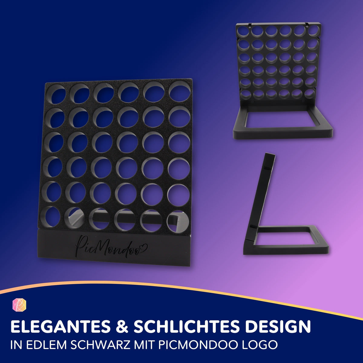 Schwarze Picmondoo Döschenwand als Ordnungssystem für Diamond Painting Steinchen mit stabilem Sockel und Halterungen.