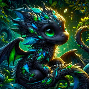 Diamond Painting Set kleiner Drache in Fantasy-Optik mit funkelnden AB Steinen und grünen leuchtenden Augen
