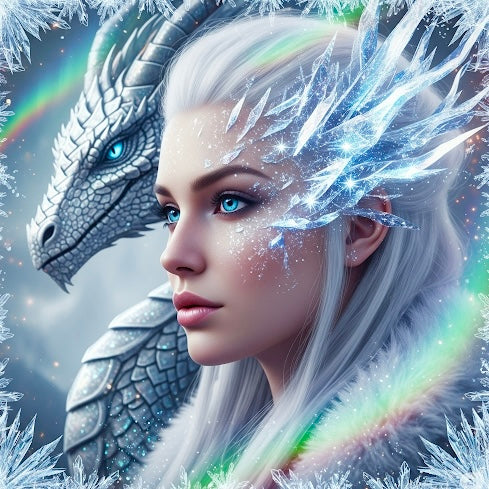 Diamond Painting Set Dragon Queen mit funkelnder Eiskönigin und weißem Drachen in winterlicher Fantasy-Landschaft