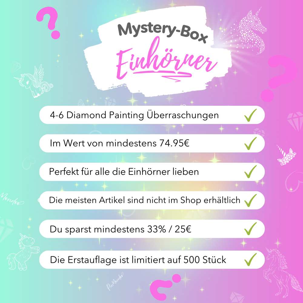 Diamond Painting Mystery-Box mit exklusiven Einhorn-Motiven und bunten Überraschungen für Fans kreativer Bastelsets