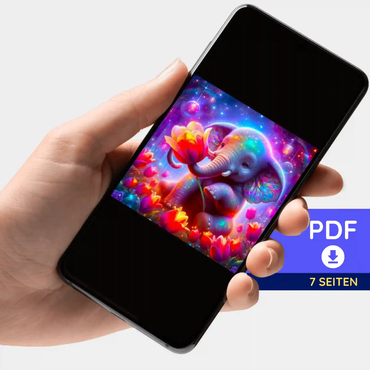 Digitale Diamond Painting Bildmappe als PDF mit buntem Elefantenmädchen-Motiv auf Smartphone zur kreativen Gestaltung
