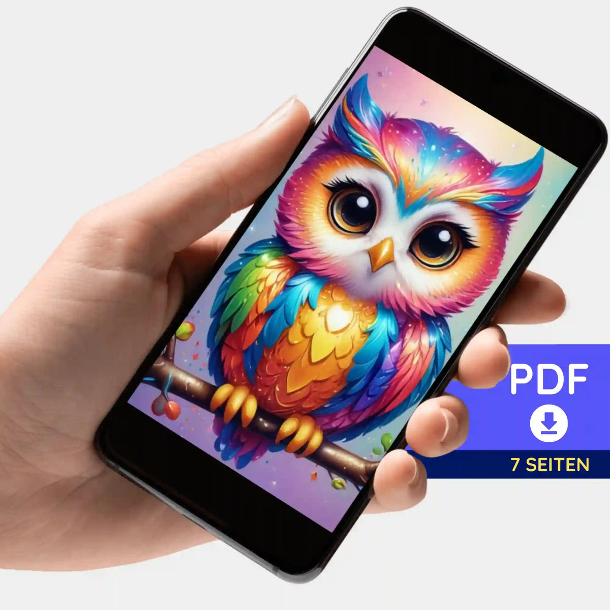 Digitale PDF-Bildmappe mit bunter Eule Fridolin als Motivvorlage für Diamond Painting und Malen nach Zahlen von Picmondoo
