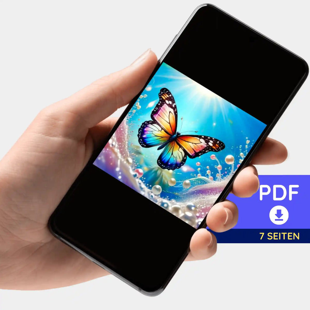 Smartphone zeigt digitale Diamond Painting Bildmappe mit buntem Schmetterling und Perlen-Motiv als PDF-Download