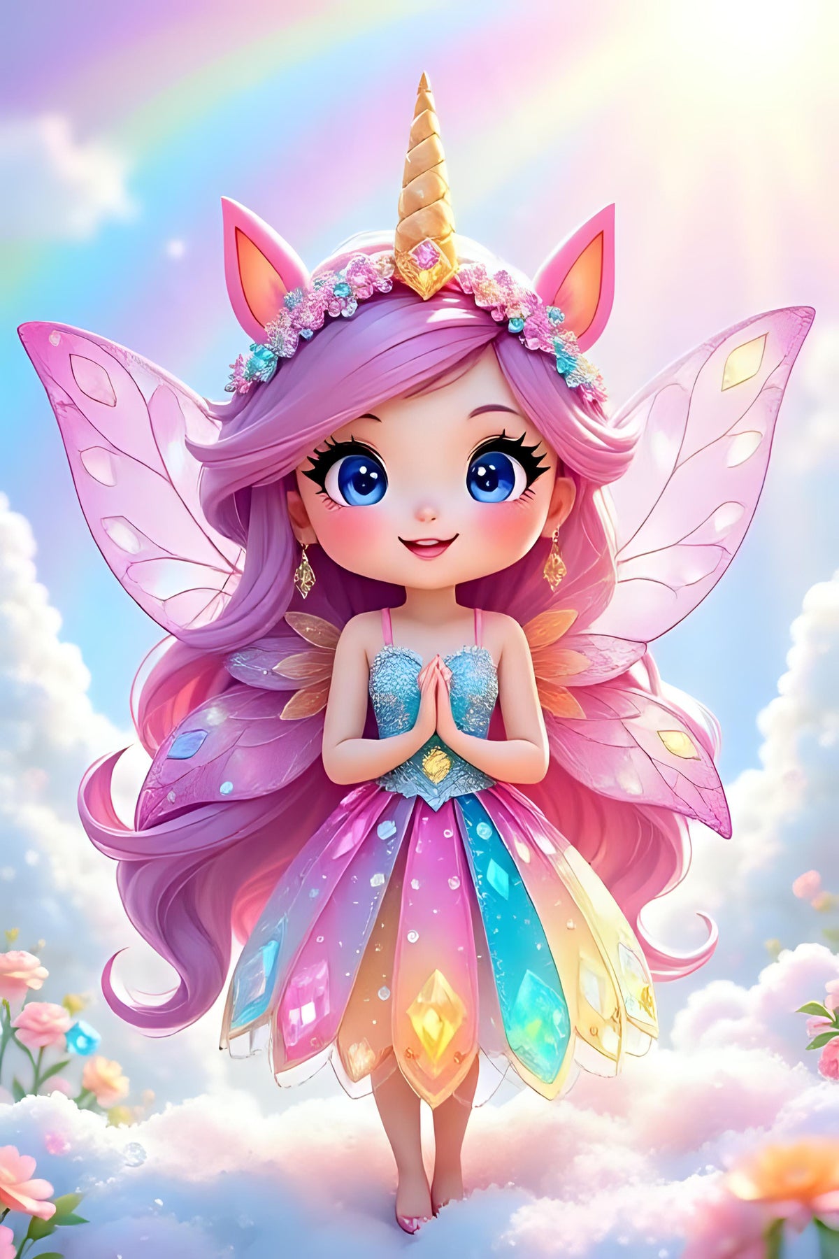 Diamond Painting Set mit bunter Einhorn-Fee im Wolkenreich, verziert mit glitzernden Steinen in Regenbogenfarben.