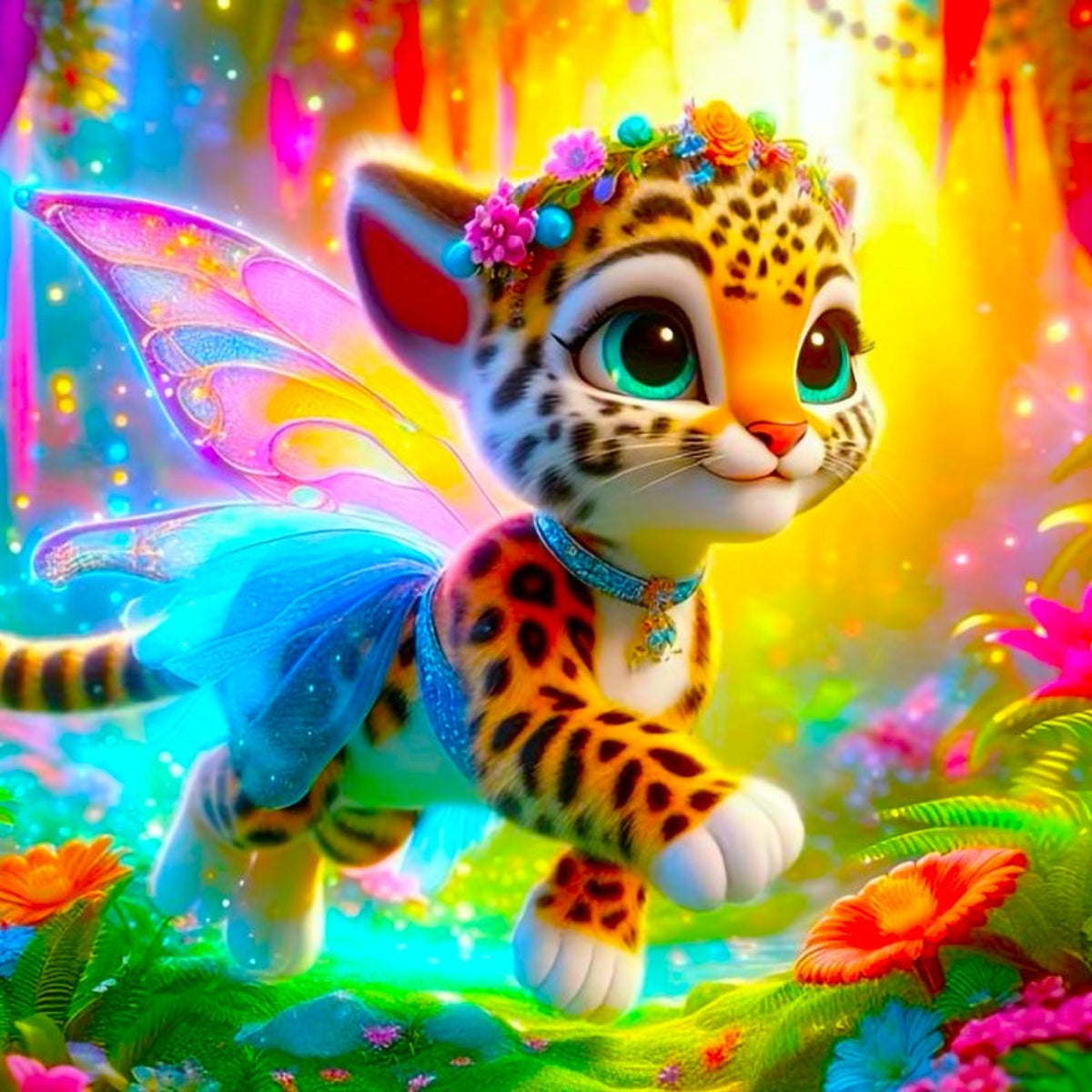 Diamond Painting Finja die kleine Tigerfee als süße Feen-Tigerin in einer bunten Fantasiewelt mit glitzernden Blumen.