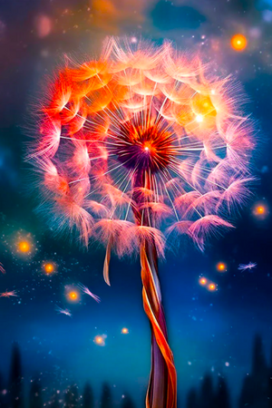 Diamond Painting Set Fly away by Night mit bunter Pusteblume, glitzernden Details und magischem Sternenhimmel