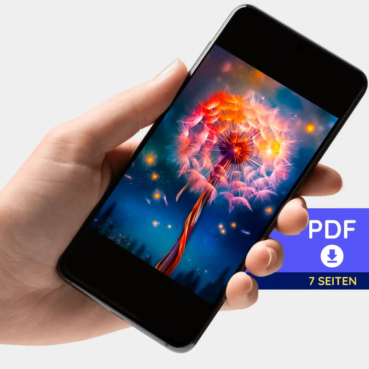 Smartphone mit digitaler 7-Seiten-PDF-Bildmappe für Diamond Painting Motiv Fly away by Night.