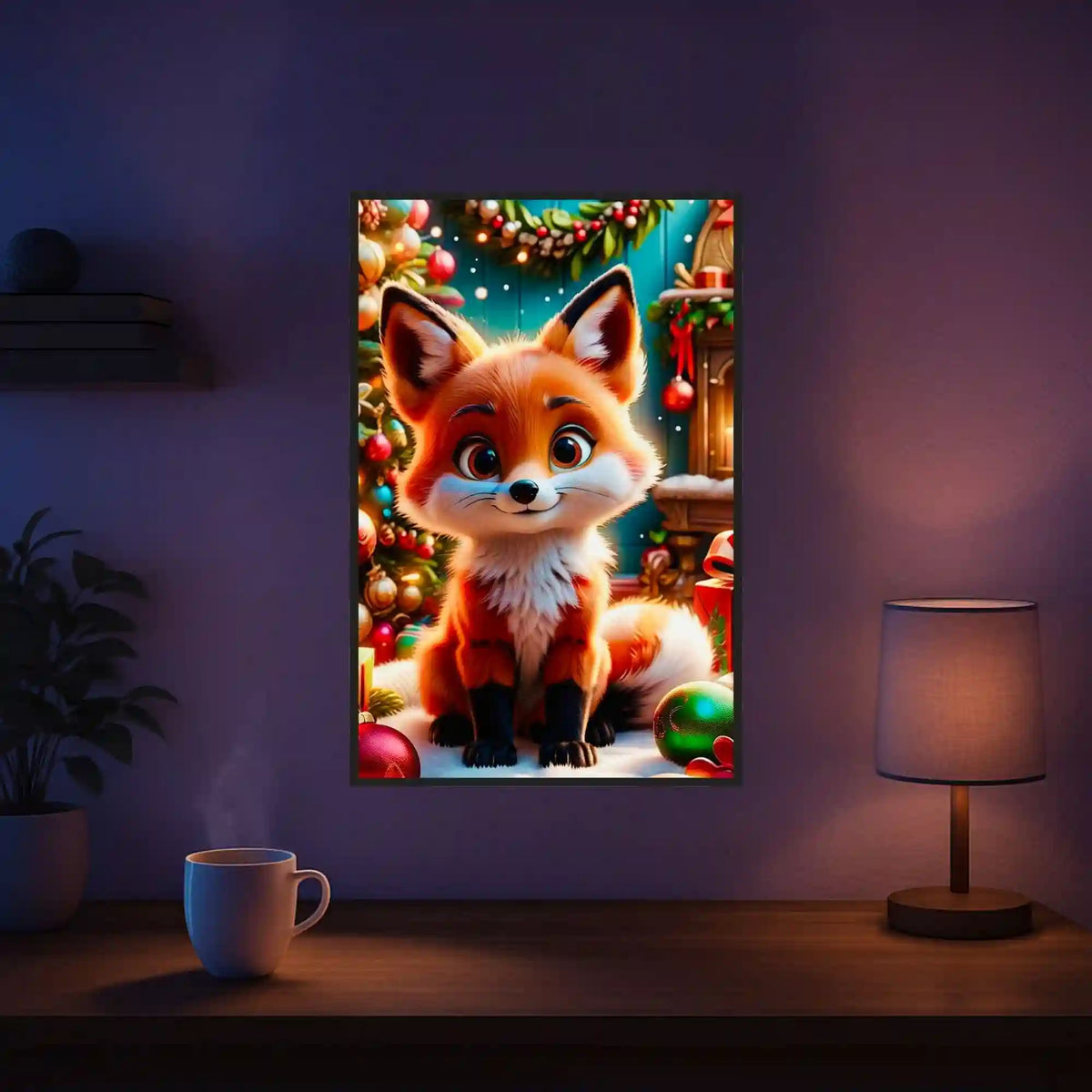 Diamond Painting Set mit süßem Fuchs-Motiv, weihnachtlichem Tannenbaum und funkelnden Kugeln für eine festliche Deko.