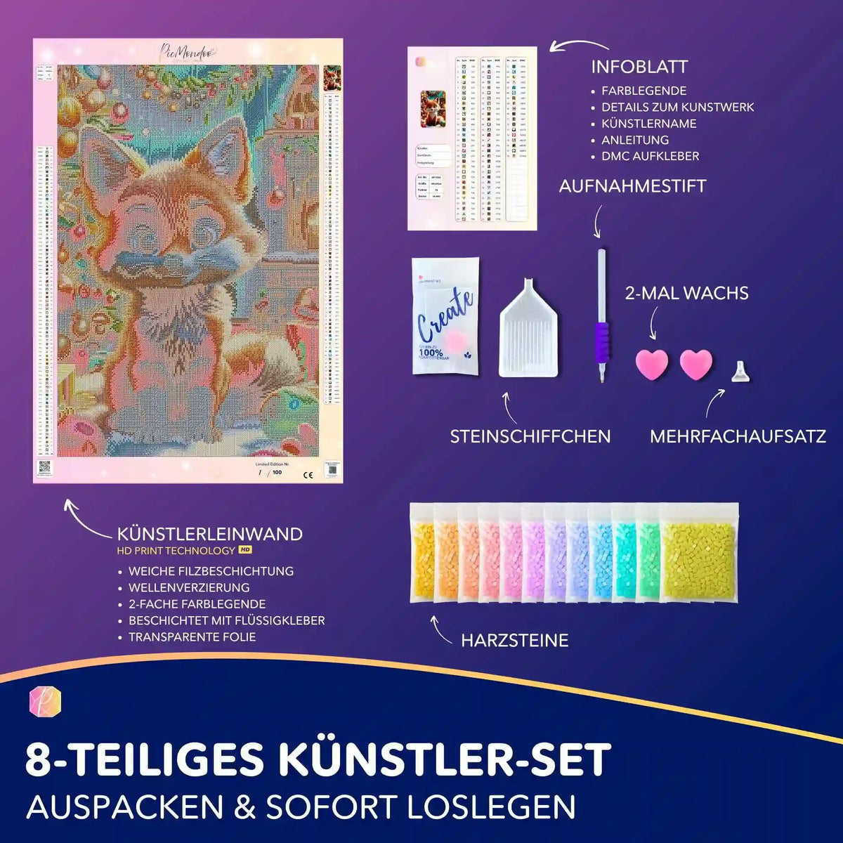 Diamond Painting Set Foxy mit glitzerndem Fuchs-Motiv, Künstlerleinwand, Harzsteinen und Zubehör für weihnachtliche DIY-Kunst.