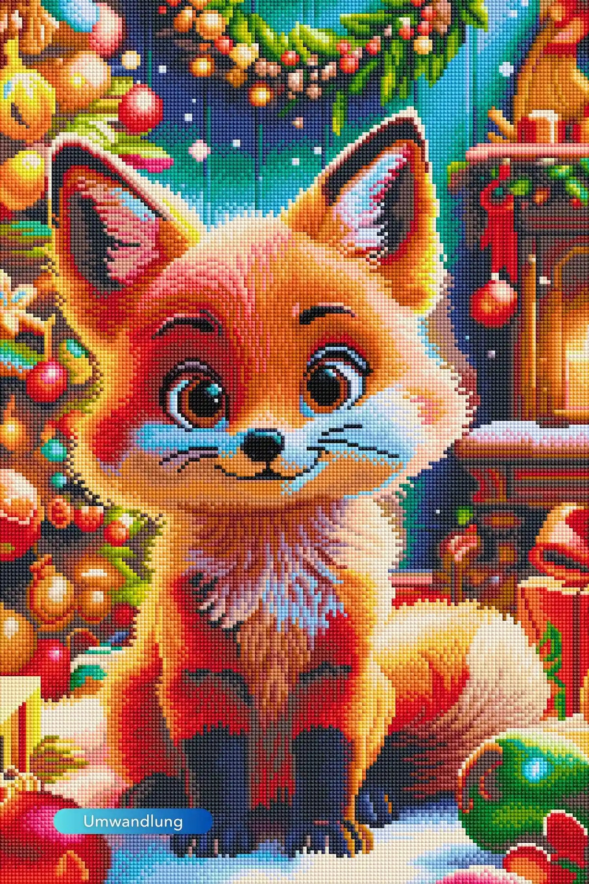 Diamond Painting Set eines süßen Fuchses vor weihnachtlicher Deko mit Tannenzweigen, Glitzersteinen und festlichem Flair.