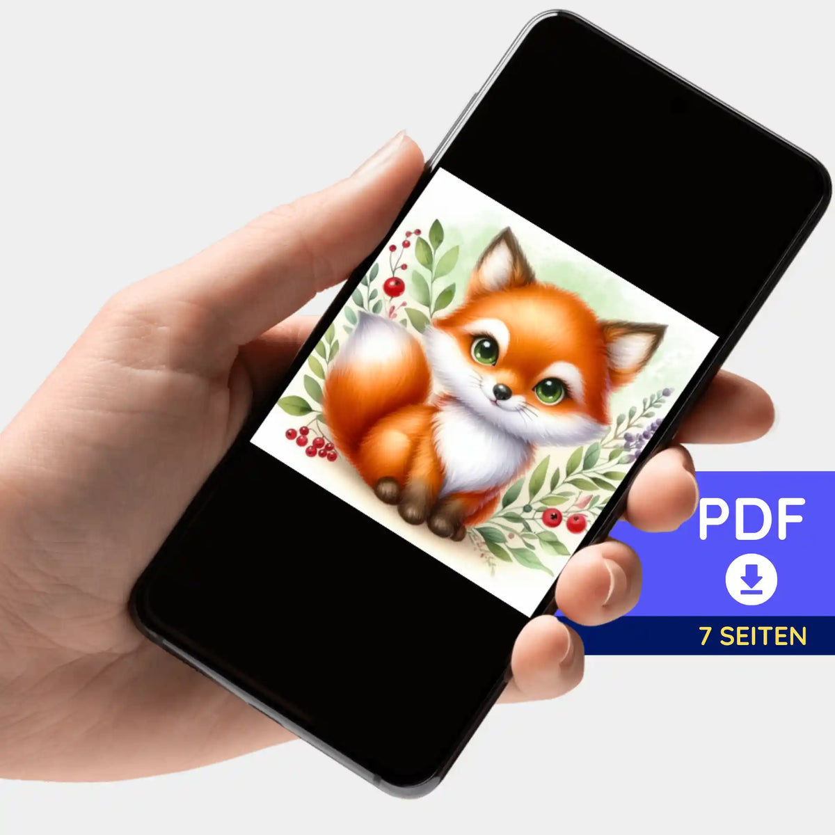 Digitale PDF-Bildmappe für Diamond Painting Motiv Freddy Füchschen auf Smartphone präsentiert