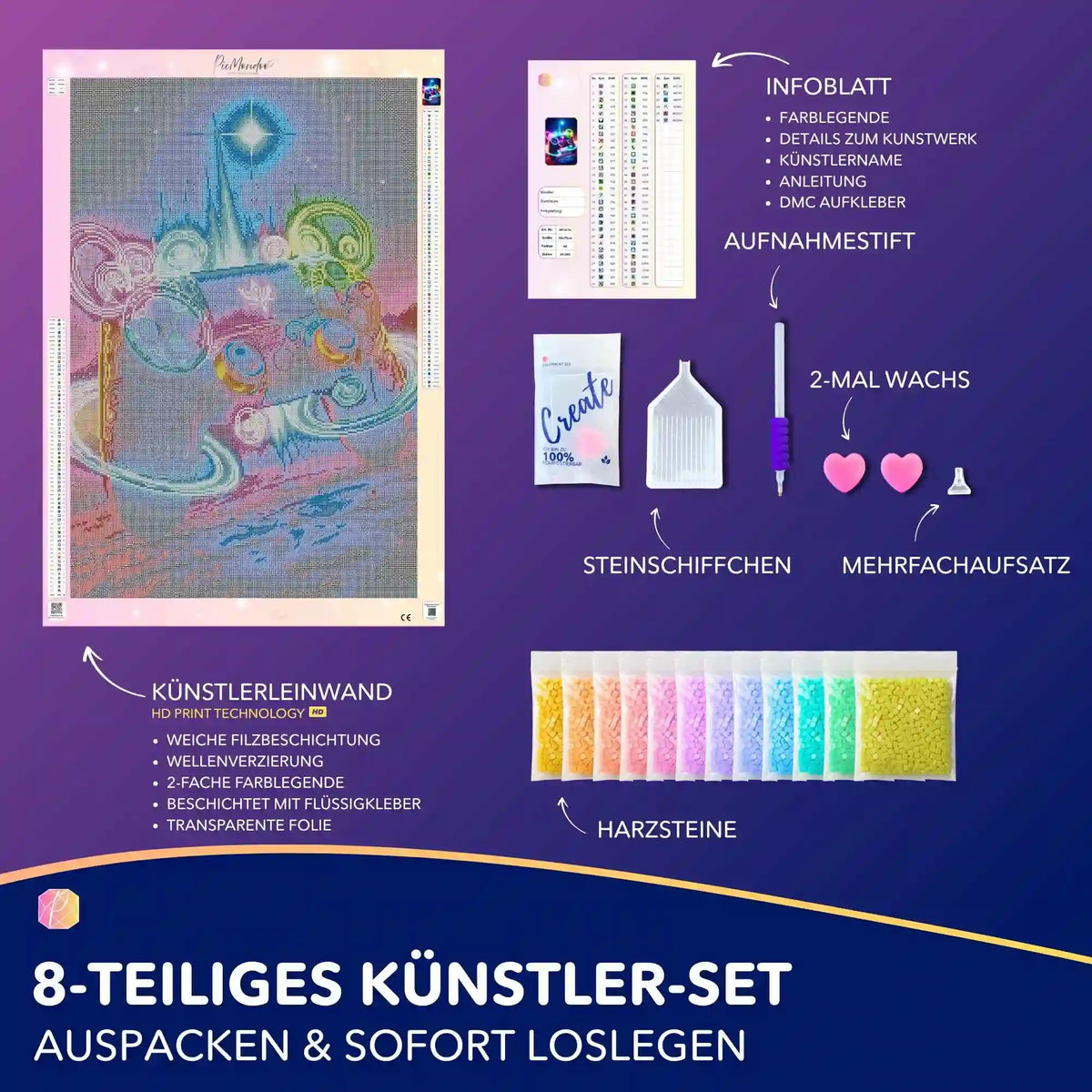 Diamond Painting Set Gamer Universum mit Gaming-Controller Motiv, Leinwand, Harzsteinen und Zubehör für DIY-Kunst.