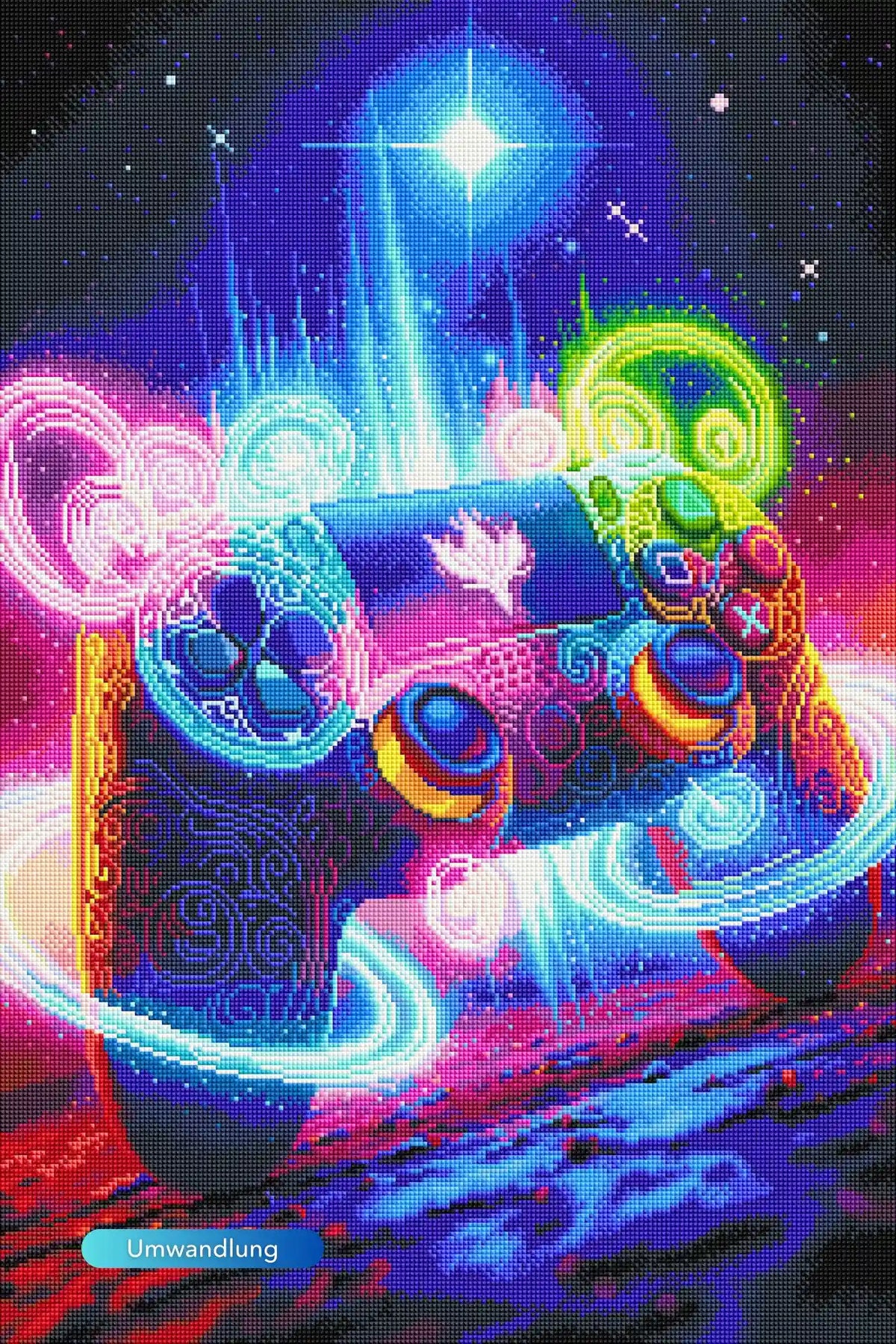 Diamond Painting Gamer Universum mit buntem Gaming-Controller vor leuchtender Galaxie aus reflektierenden Glitzersteinen
