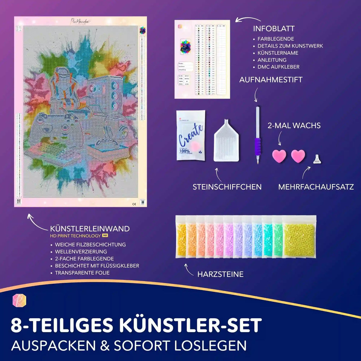Diamond Painting Set Gaming Zone mit Leinwand, bunten Steinen, Stift und Werkzeug für Gamer-Kunstwerke