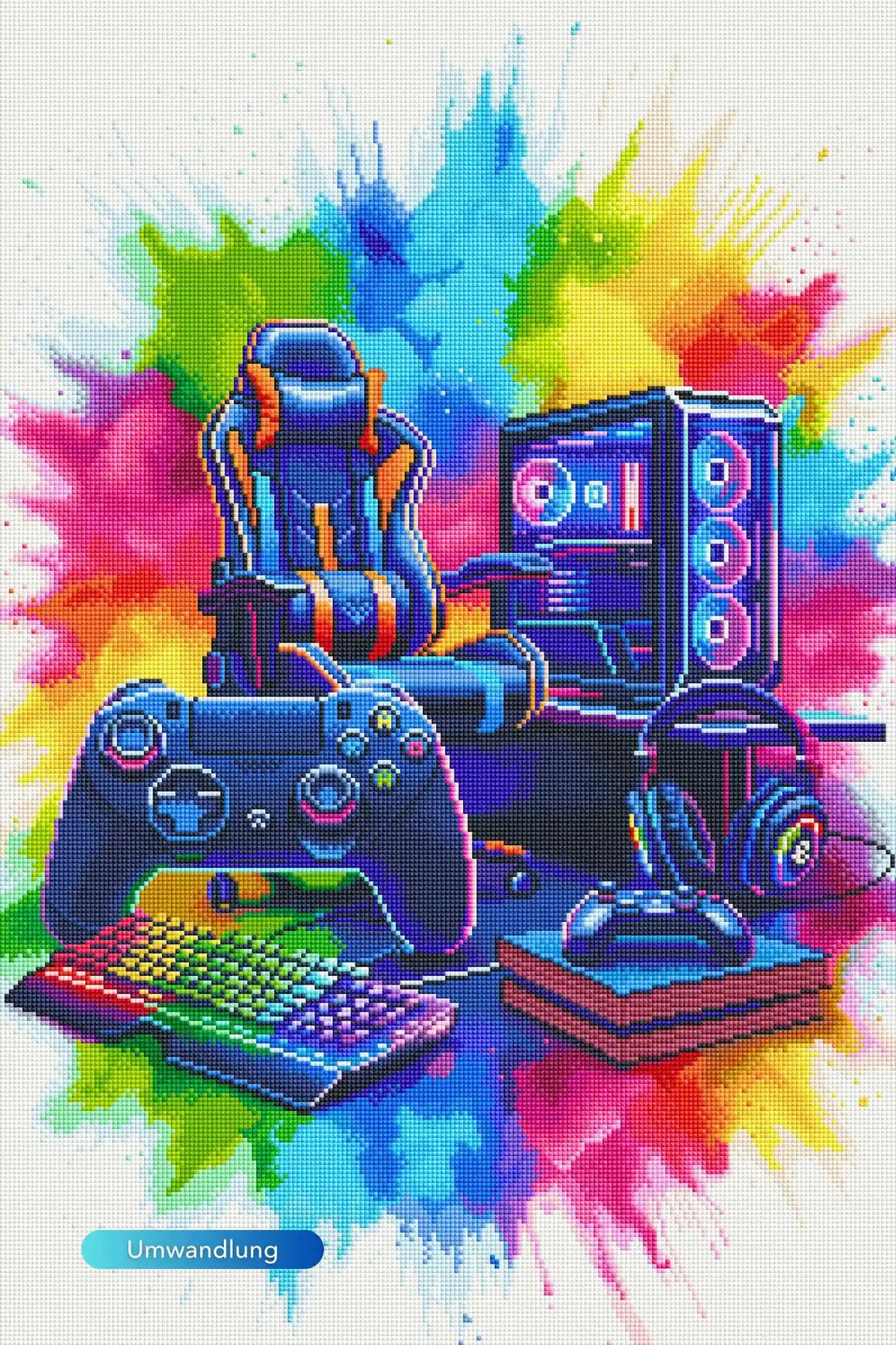Buntes Diamond Painting Gaming Set mit leuchtendem Controller, Gaming-Stuhl und PC-Setup vor farbenfrohem Hintergrund