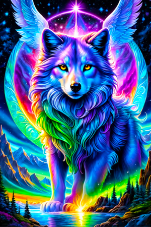 Buntes Diamond Painting Set Wolf mit Flügeln, Fantasy-Motiv in leuchtenden Farben mit funkelnden Diamanten gestaltet.