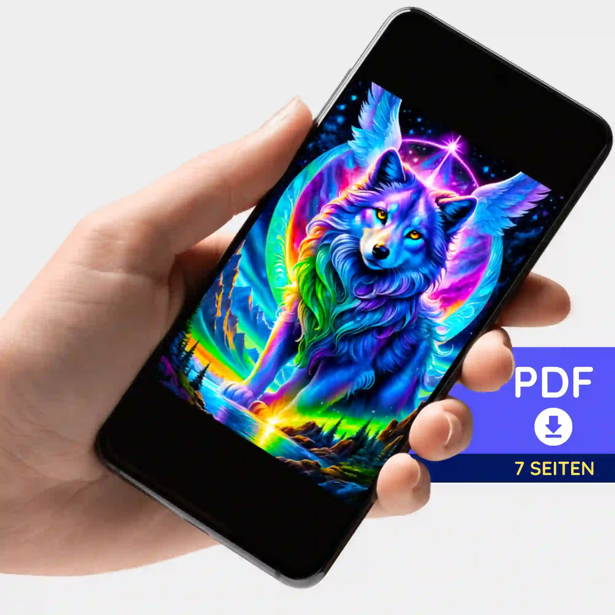 Smartphone mit digitaler 7-Seiten-PDF-Bildmappe für Diamond Painting Motiv Geflügelter Wächter Wolf