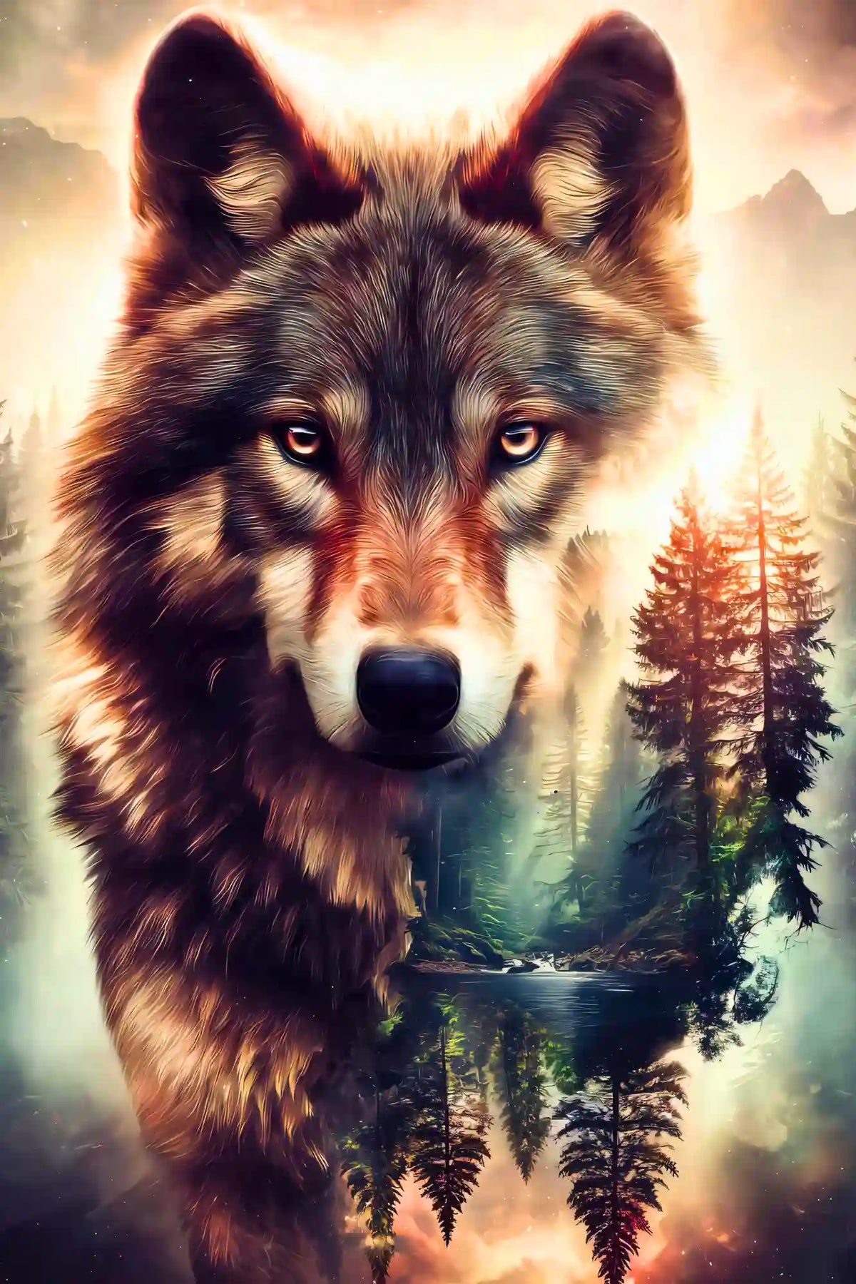 Diamond Painting Wolf im mystischen Wald mit leuchtendem Fell, detailliertes kunstvolles DIY-Set für Erwachsene