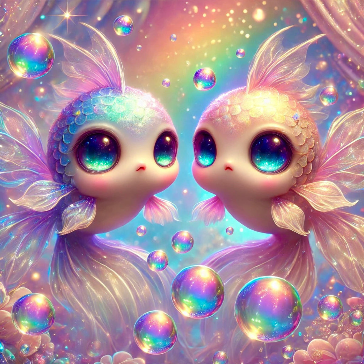 Diamond Painting Set mit süßen, regenbogenfarbenen Fischen, fantasievollem Feenstaubeffekt und schillernden Seifenblasen