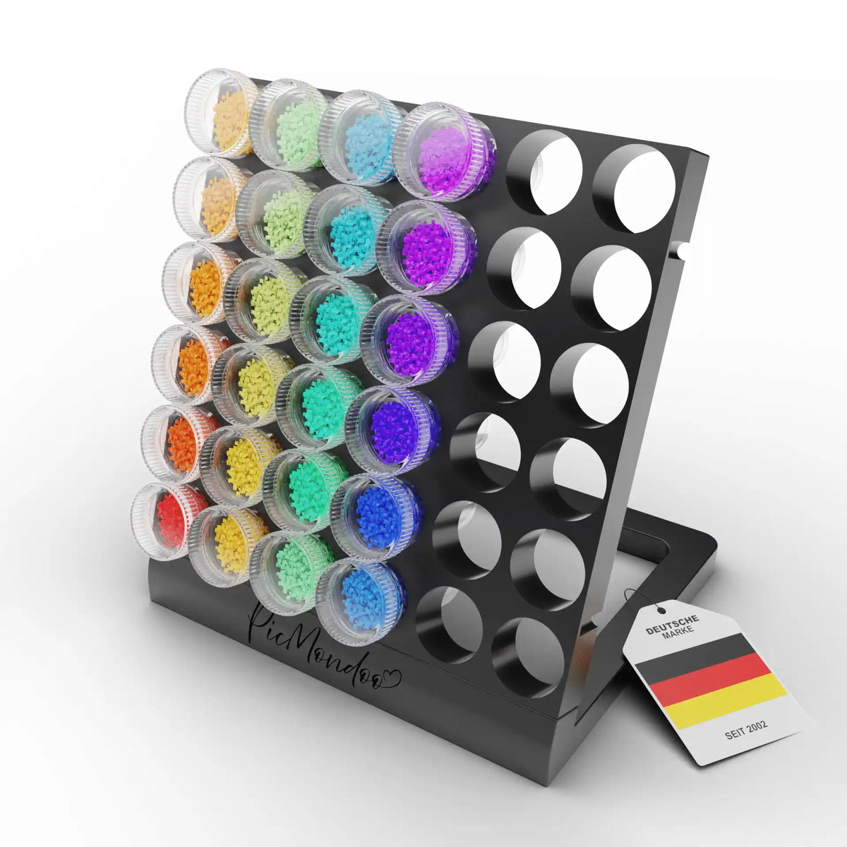 Schwarze Picmondoo Döschenwand als Ordnungssystem für bunte Diamond Painting Steine inklusive Aufbewahrungsdosen
