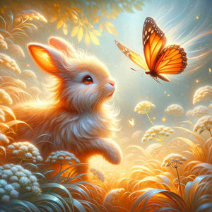 Diamond Painting Set Häschenfreunde: Niedliches Häschen mit Schmetterling in einer leuchtenden Blumenwiese.