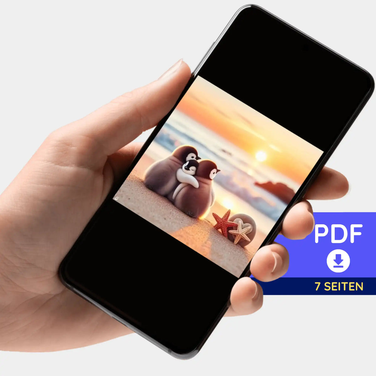 Digitale PDF-Bildmappe für Diamond Painting als Smartphone-Download mit Motiv Pinguinfamilie am Strand