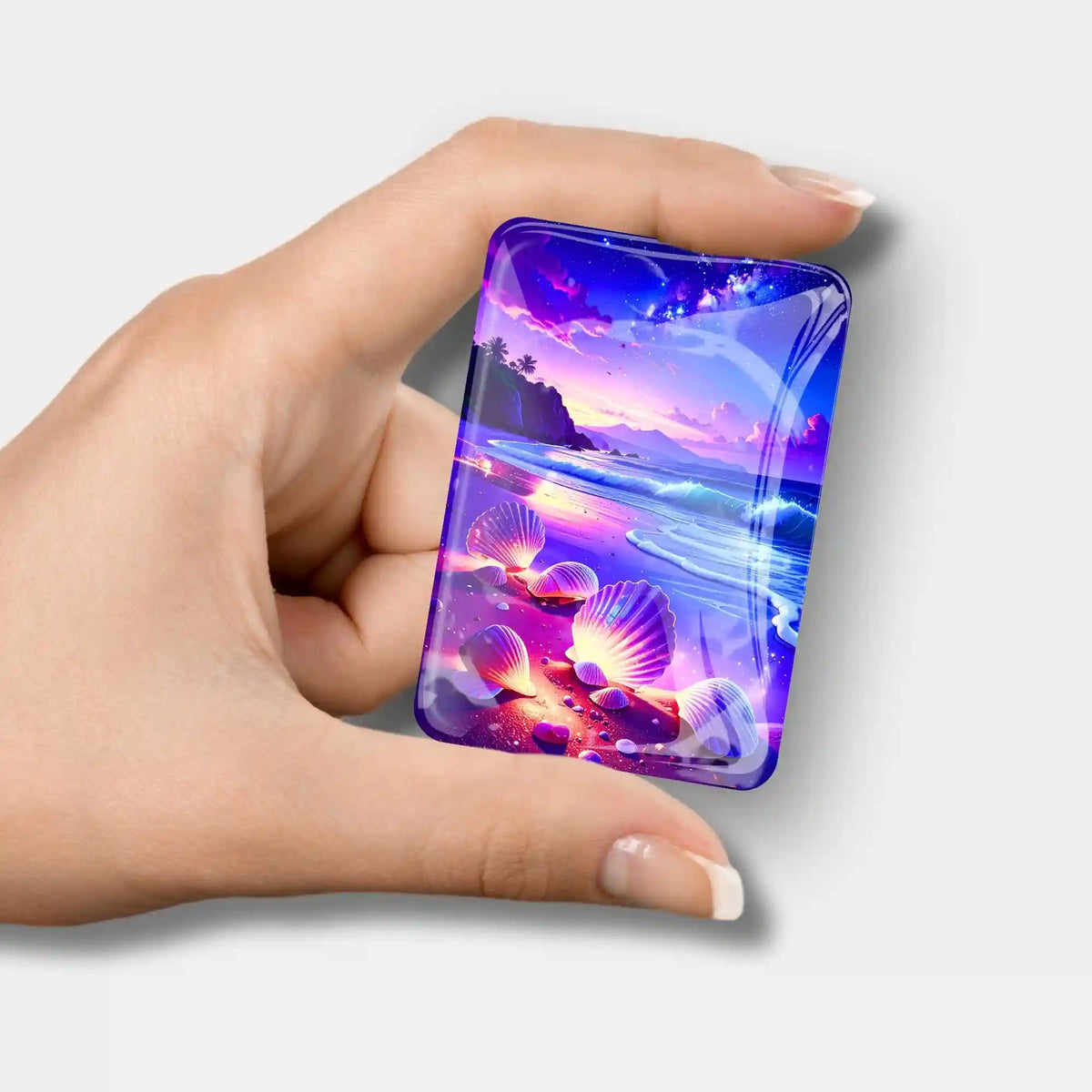 Glas Cover Minder Wunschmuscheln für Diamond Painting Zubehör mit magischem Strandmotiv in Violett und Blau