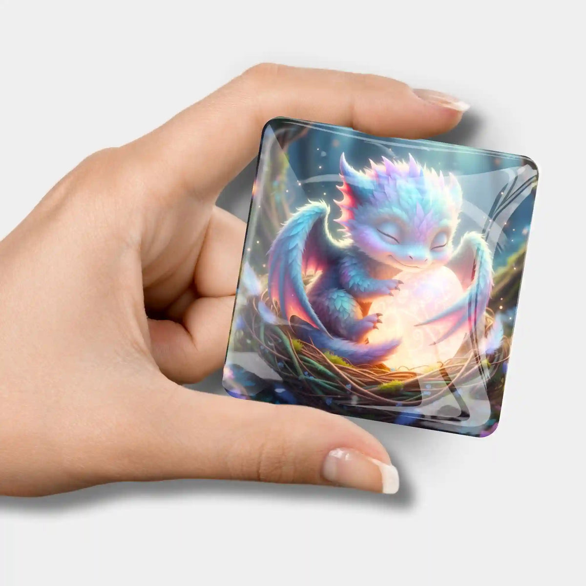 Magischer Lichtdrache Faye Cover Minder für Diamond Painting, quadratischer Glas-Magnet mit Drachenmotiv