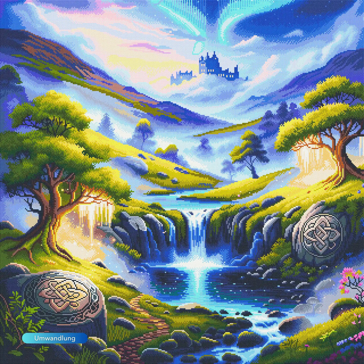 Diamond Painting Tal der Erinnerung mit magischem Wasserfall, Schloss, Runen und leuchtender Fantasy-Landschaft