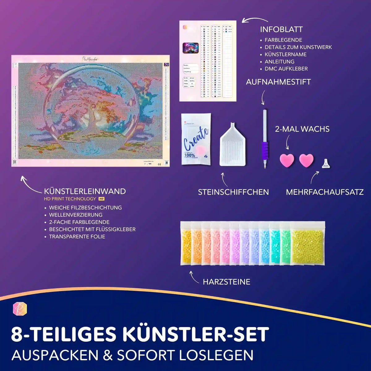 Diamond Painting Set Arbor Eternis mit Leinwand, bunten Harzsteinen und Zubehör für ein magisches Fantasy-Baum-Motiv
