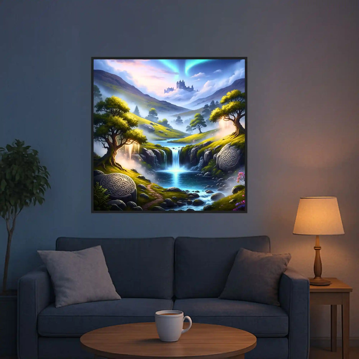Diamond Painting Set Tal der Erinnerung mit magischem Wasserfall, Märchenschloss und Runensteinen in einer Landschaft