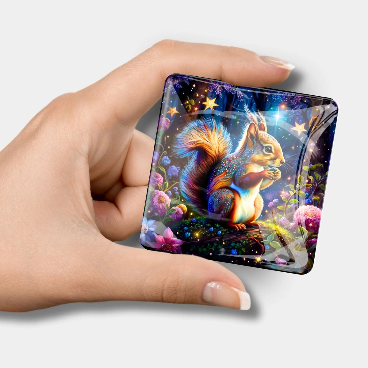 Quadratischer Diamond Painting Cover Minder mit Eichhörnchen-Motiv, gehalten in der Hand als Zubehör für Bastelsets.