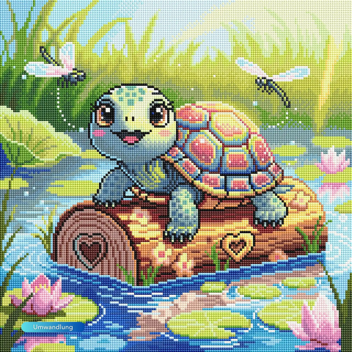 Diamond Painting Set eines süßen Schildkrötenbabys auf einem Holzstamm im Seerosen-Teich mit Libellen und bunten Steinen