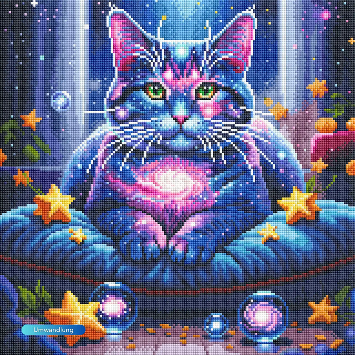 Diamond Painting Set Wächterin Andromeda mit mystischer Katze im Weltraum-Design, leuchtenden Sternen und Galaxie-Farben