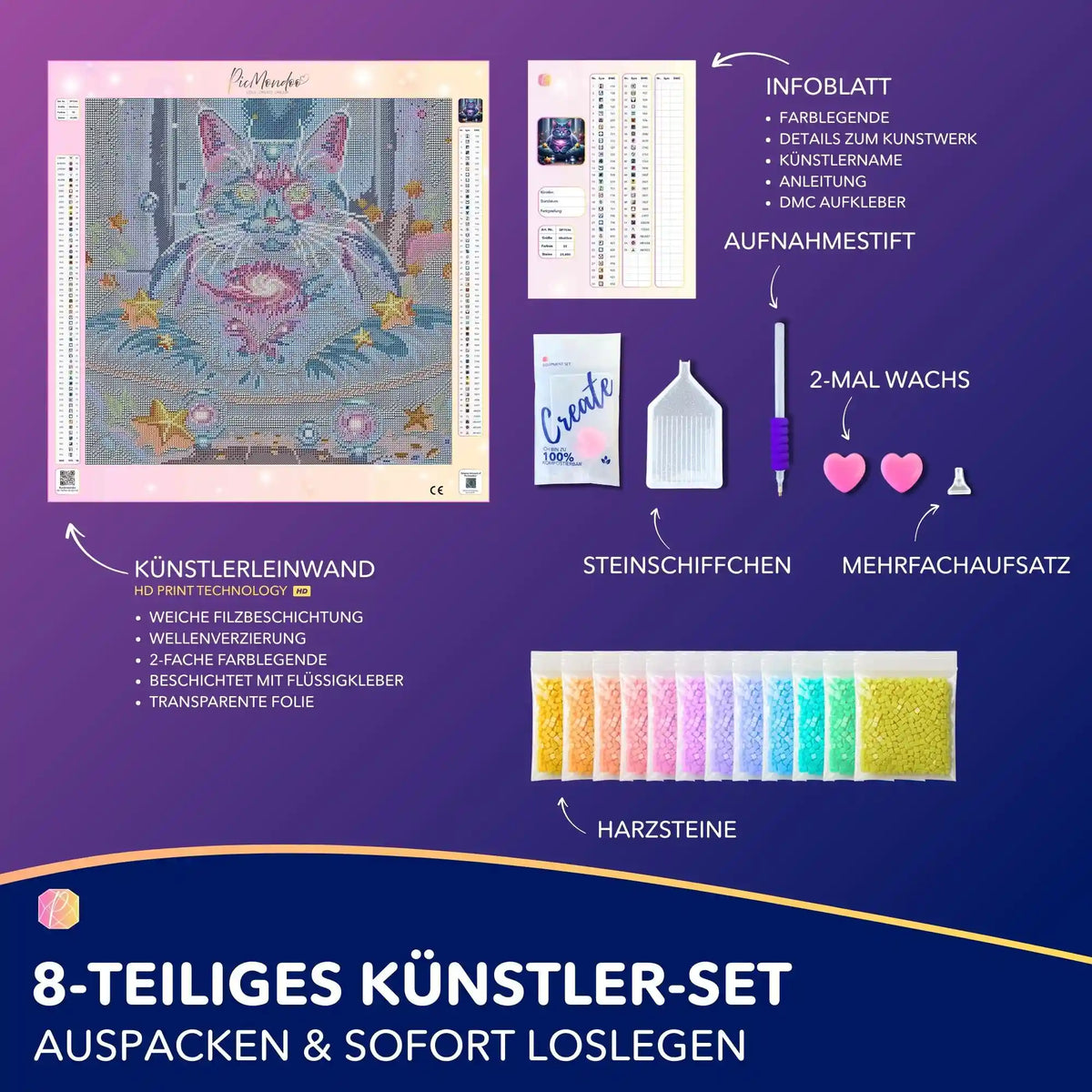 Diamond Painting Set Wächterin Andromeda mit Leinwand, bunten Steinen und Zubehör für ein magisches Katzen-Motiv.