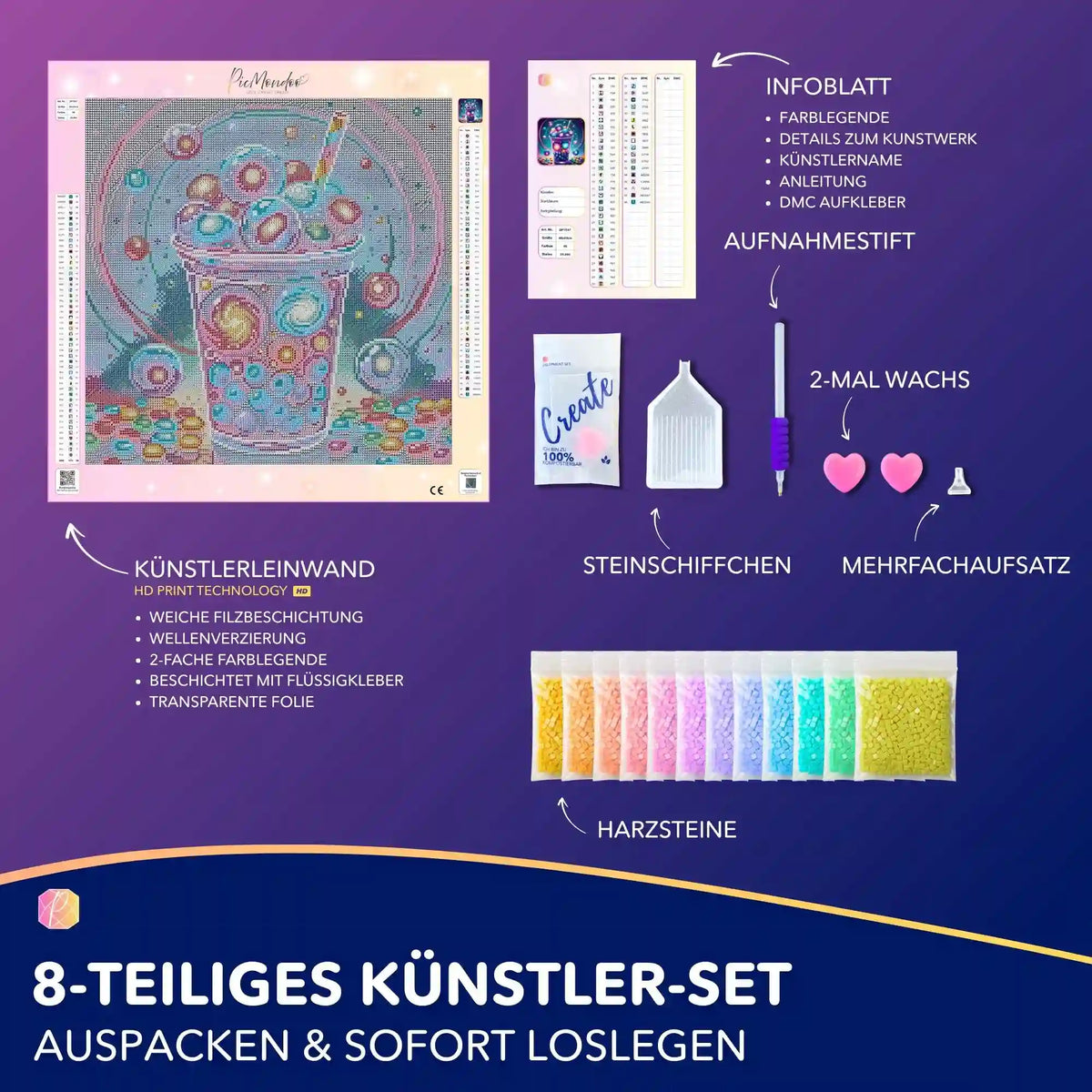 Picmondoo Diamond Painting Set Bubble Tea Universum mit bunter Leinwand, Harzsteinen und Zubehör für DIY-Kunstwerke.